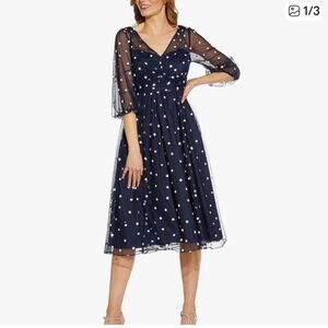 Adrianna Papell Navy and White Polka Dot Midi Dress with Sheer Sleeves